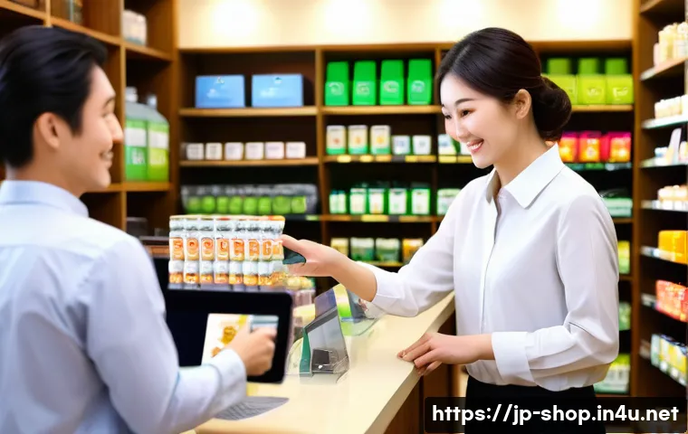 쇼핑매니저의 커뮤니케이션 스킬 - A modern Japanese retail store scene featuring a polite shop manager engaging with a customer browsi...
