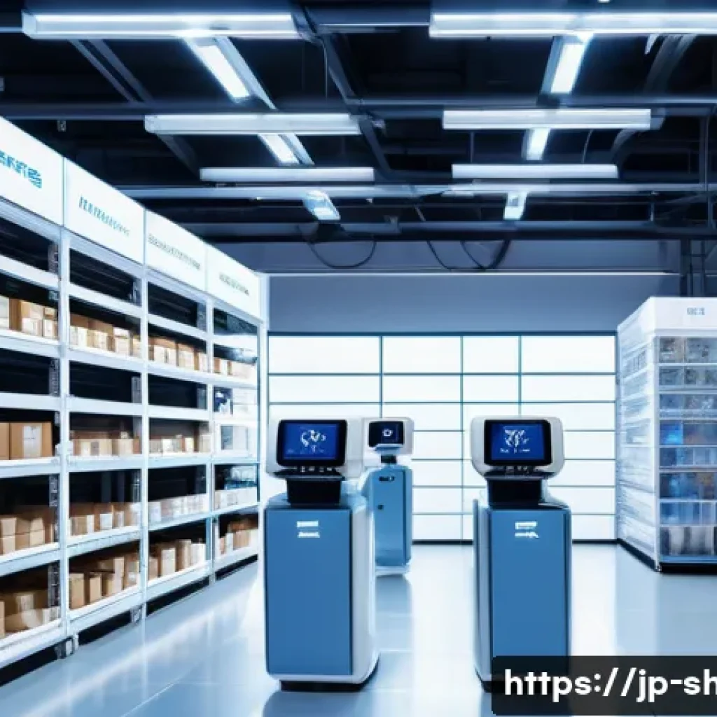 쇼핑매니저 업무 자동화 사례 - A modern Japanese e-commerce warehouse scene showing a diverse team of staff using advanced AI-power...
