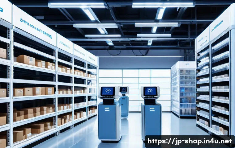 쇼핑매니저 업무 자동화 사례 - A modern Japanese e-commerce warehouse scene showing a diverse team of staff using advanced AI-power...