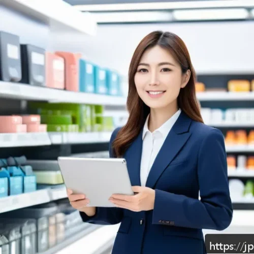쇼핑매니저 이직 준비 과정 - A professional Japanese shopping mall manager in a modern urban retail environment, confidently usin...