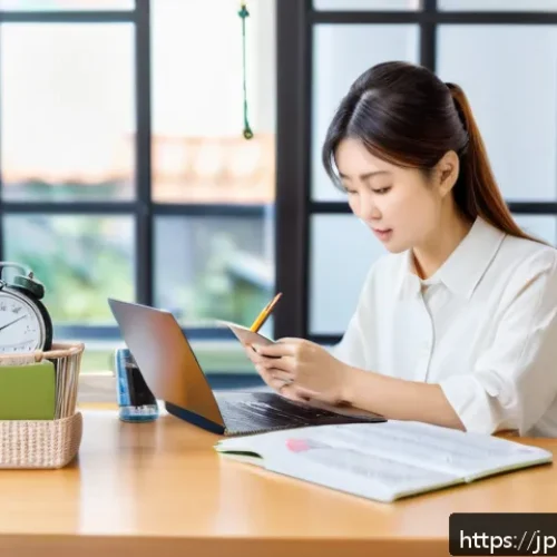 쇼핑매니저 자격 시험 준비법 - A focused Japanese adult woman studying efficiently at a modern desk with textbooks and a laptop dis...