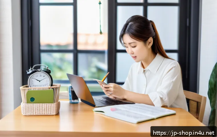 쇼핑매니저 자격 시험 준비법 - A focused Japanese adult woman studying efficiently at a modern desk with textbooks and a laptop dis...